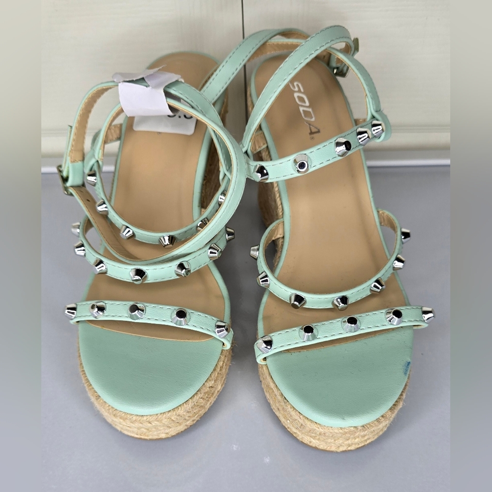 Soda Studded Open Toe Platform Slingback Wedge Sa… - image 2